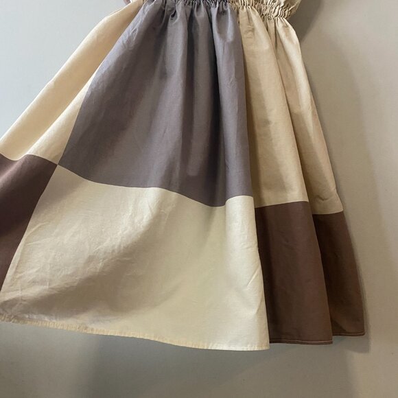 Handmade Plus Size Cotton Neutrals Brown Beige Patchwork Elastic Straps Dress - Picture 8 of 9